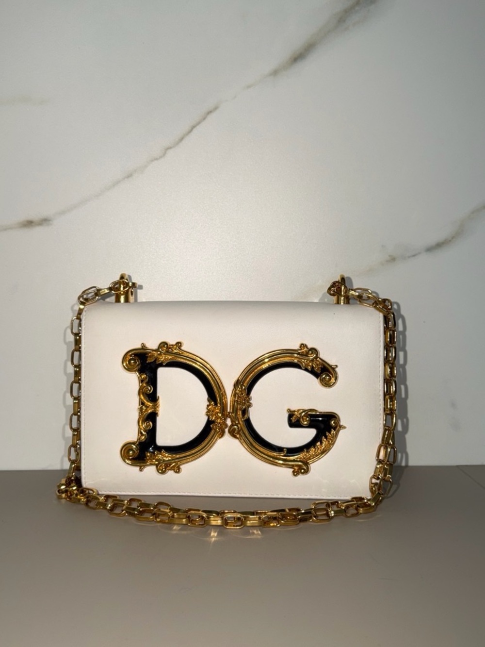 Dolce & Gabbana White Leather Crossbody with Gold DG Logo